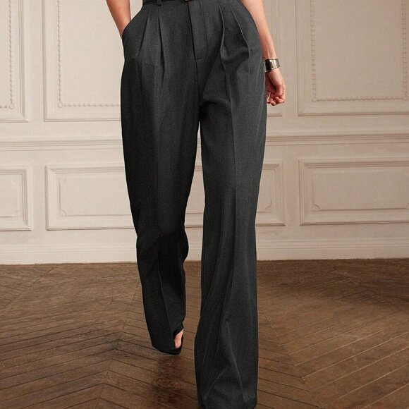 Grey Casual Women's Pleated Wide Leg Suit Pants - Picture 4 of 6